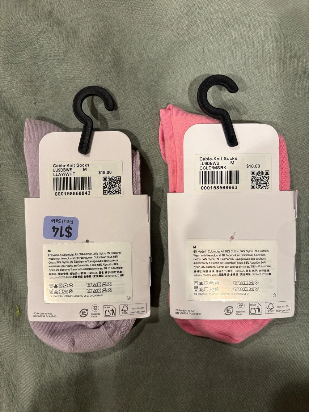 lululemon Cable-Knit Quarter Socks - Pink & Lavender (Pair)